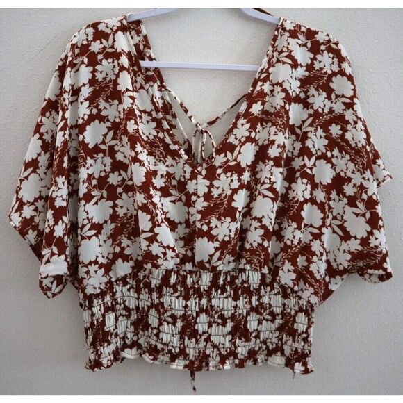 Sienna Sky 02CT4722 Women's Sz L Burgundy Floral V-Neck Tie Back Ruched Blouse - Picture 1 of 6